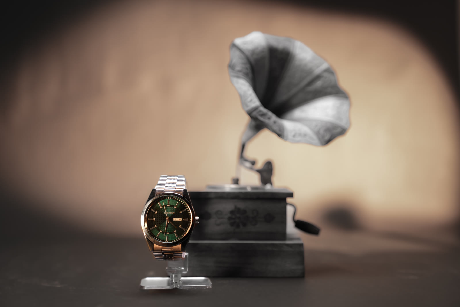 Watch product photograph with a gramophone prop